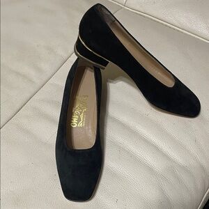 Salvatore Ferragamo Black Suede Flats with Gold Accent